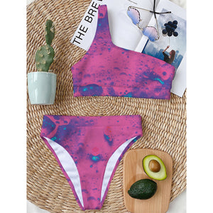 Pink And Blue Acid Melt Print One Shoulder Bikini Top