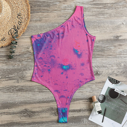 Pink And Blue Acid Melt Print One Shoulder Bodysuit