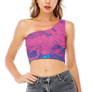 Pink And Blue Acid Melt Print One Shoulder Crop Top