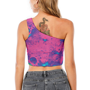 Pink And Blue Acid Melt Print One Shoulder Crop Top