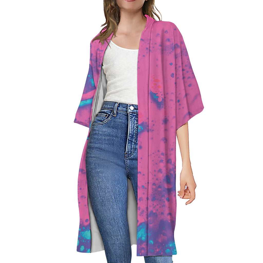 Pink And Blue Acid Melt Print Open Front Beach Cover Up