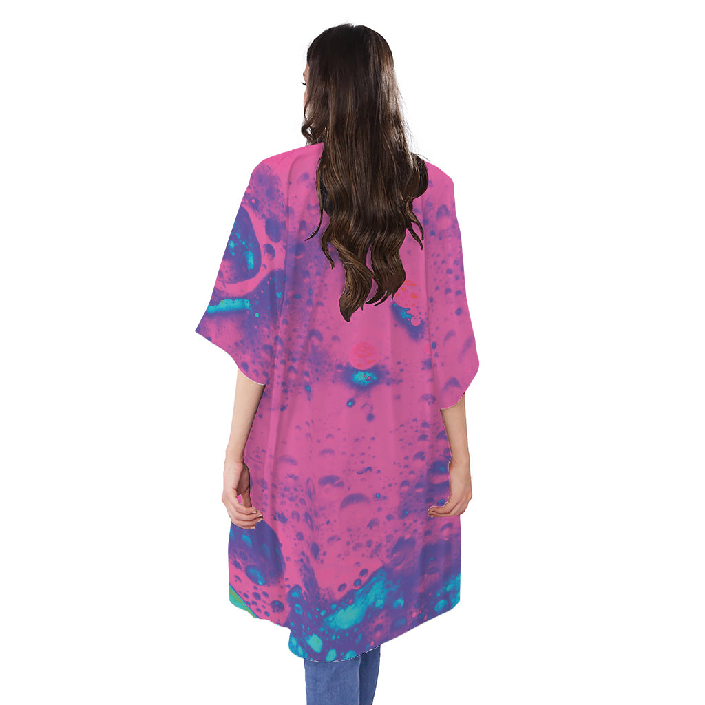 Pink And Blue Acid Melt Print Open Front Beach Cover Up