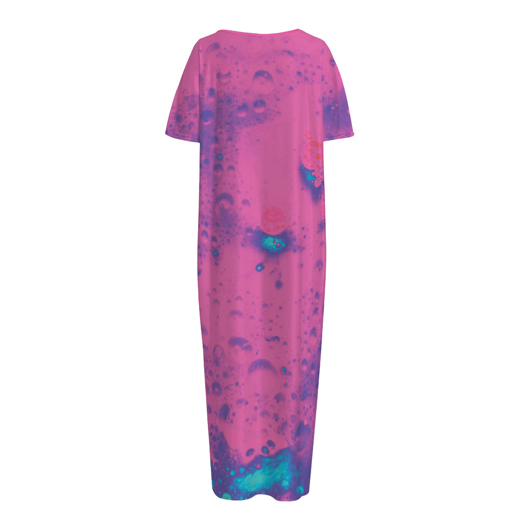 Pink And Blue Acid Melt Print Short Sleeve Long Nightdress