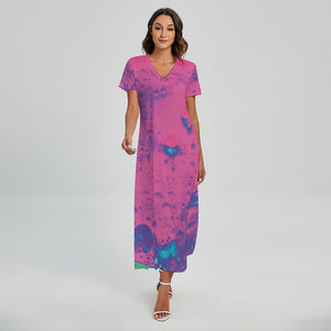 Pink And Blue Acid Melt Print Short Sleeve Maxi Dress