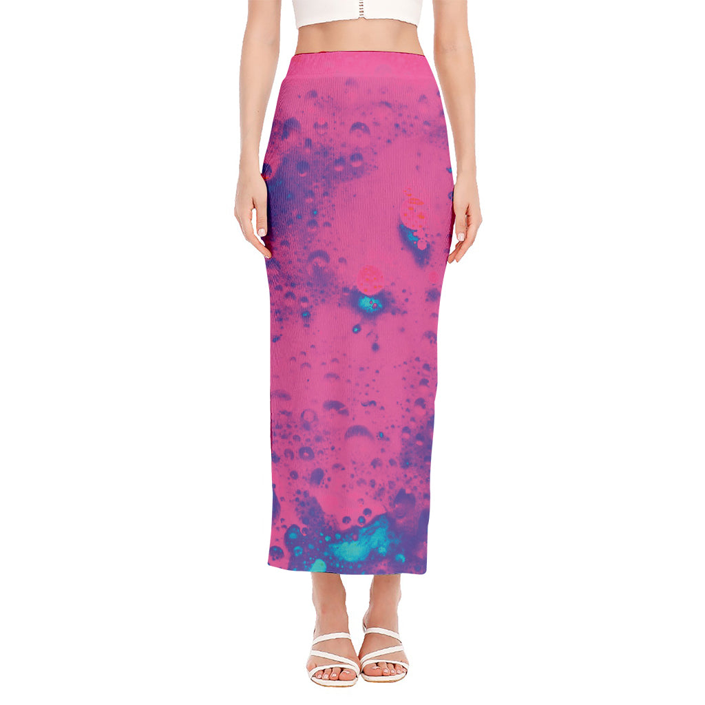 Pink And Blue Acid Melt Print Side Slit Maxi Skirt