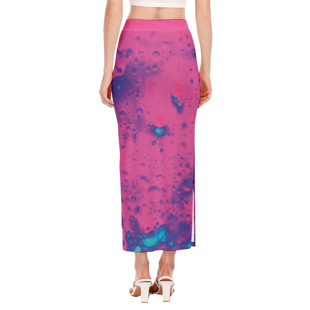 Pink And Blue Acid Melt Print Side Slit Maxi Skirt