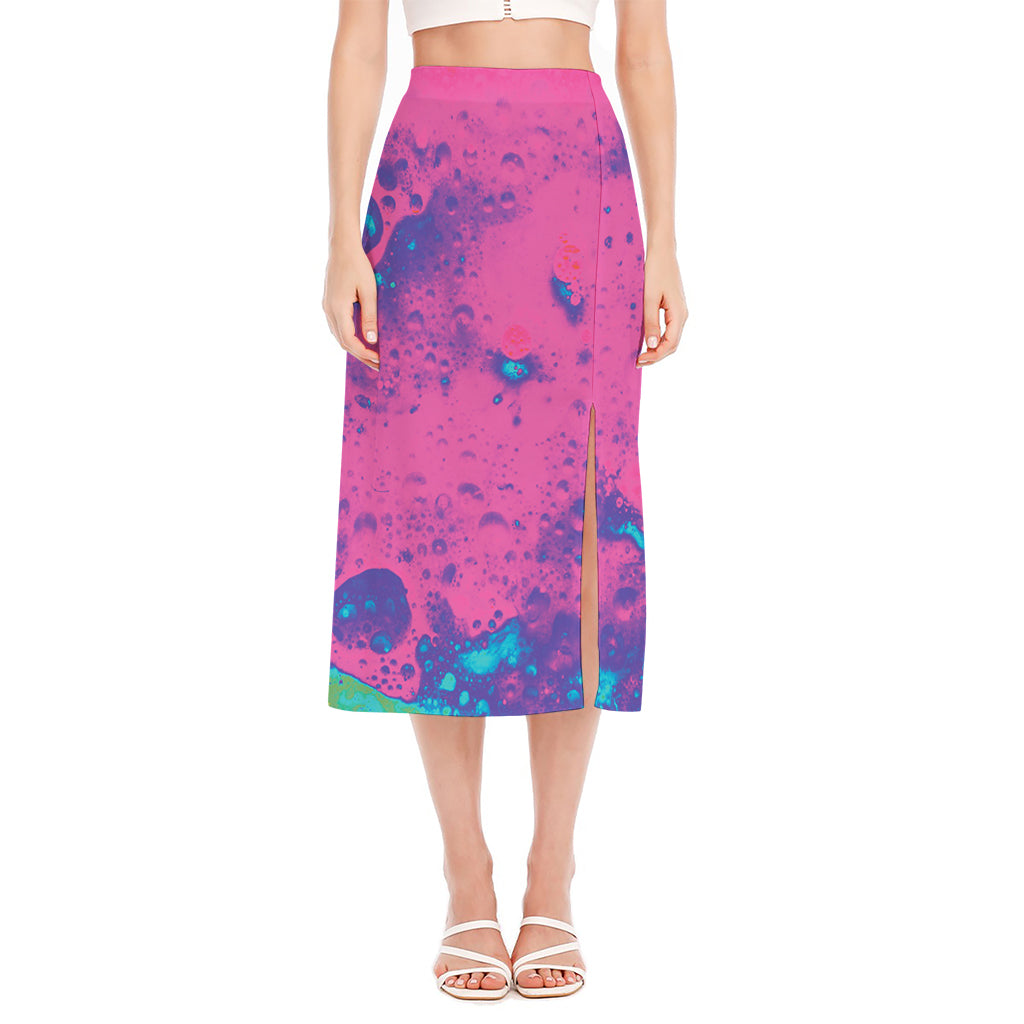 Pink And Blue Acid Melt Print Side Slit Midi Skirt