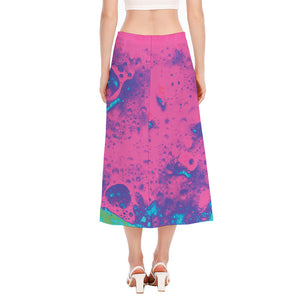 Pink And Blue Acid Melt Print Side Slit Midi Skirt