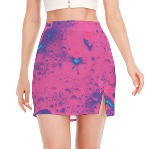 Pink And Blue Acid Melt Print Side Slit Mini Skirt