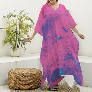 Pink And Blue Acid Melt Print Silk V-Neck Kaftan Dress