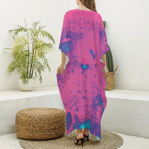 Pink And Blue Acid Melt Print Silk V-Neck Kaftan Dress