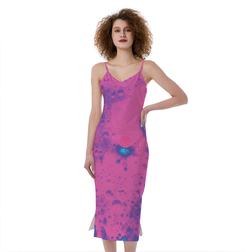 Pink And Blue Acid Melt Print Slim Fit Midi Cami Dress