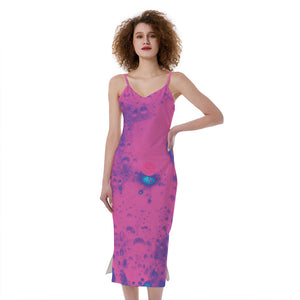 Pink And Blue Acid Melt Print Slim Fit Midi Cami Dress