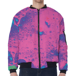 Pink And Blue Acid Melt Print Zip Sleeve Bomber Jacket