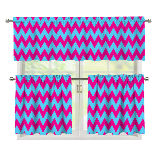 Pink And Blue Chevron Pattern Print 3 Piece Kitchen Curtains