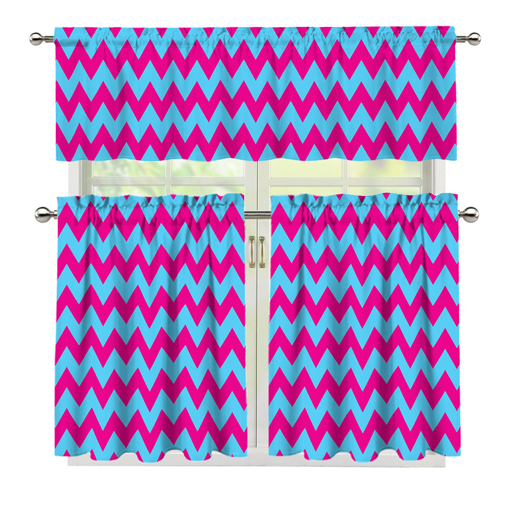 Pink And Blue Chevron Pattern Print 3 Piece Kitchen Curtains