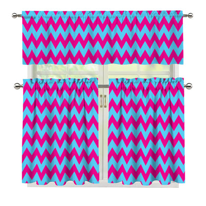 Pink And Blue Chevron Pattern Print 3 Piece Kitchen Curtains