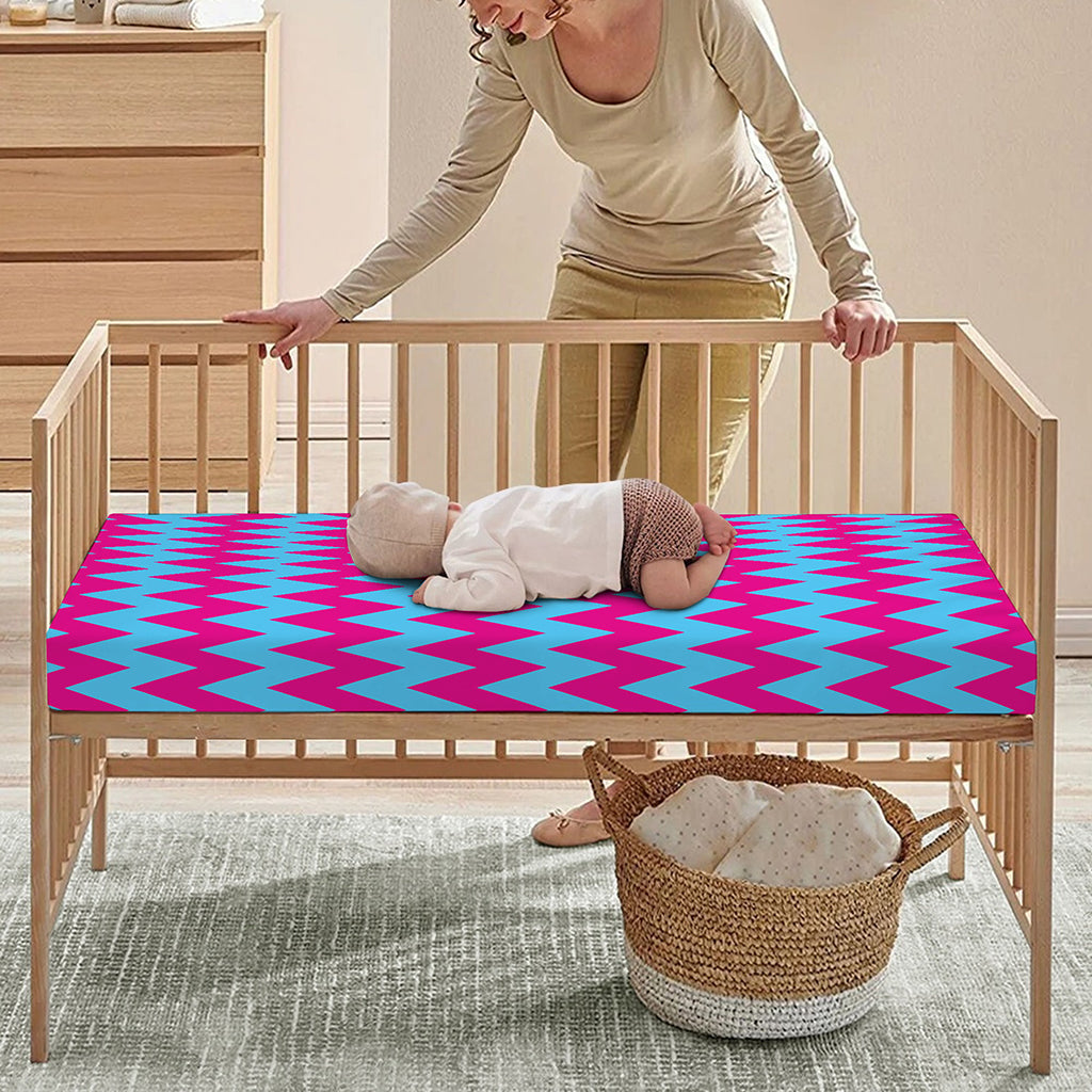 Pink And Blue Chevron Pattern Print Baby Crib Sheet