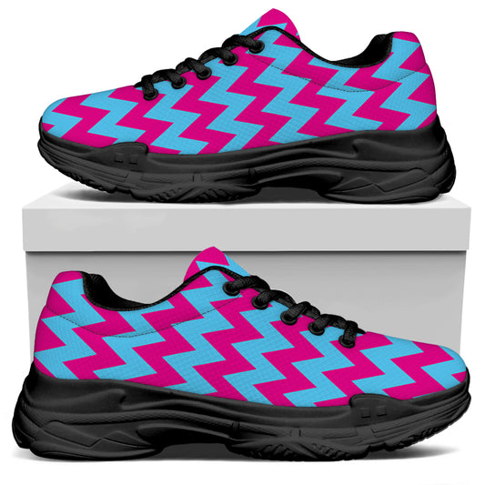 Pink And Blue Chevron Pattern Print Black Chunky Shoes