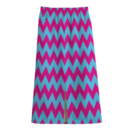 Pink And Blue Chevron Pattern Print Cotton Front Slit Maxi Skirt