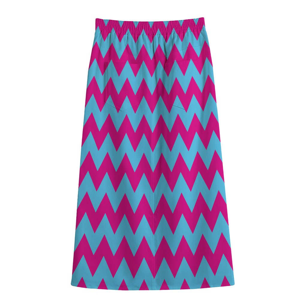Pink And Blue Chevron Pattern Print Cotton Front Slit Maxi Skirt