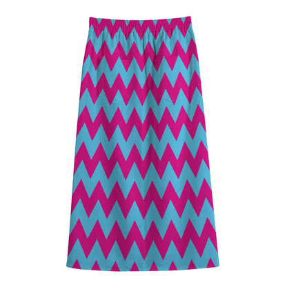 Pink And Blue Chevron Pattern Print Cotton Front Slit Maxi Skirt