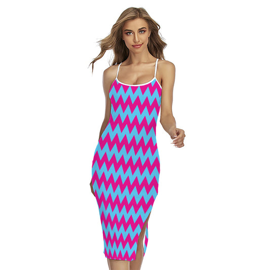 Pink And Blue Chevron Pattern Print Cross Back Cami Dress