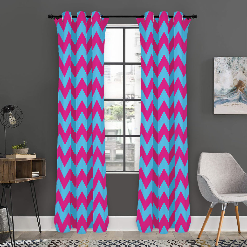 Pink And Blue Chevron Pattern Print Curtain
