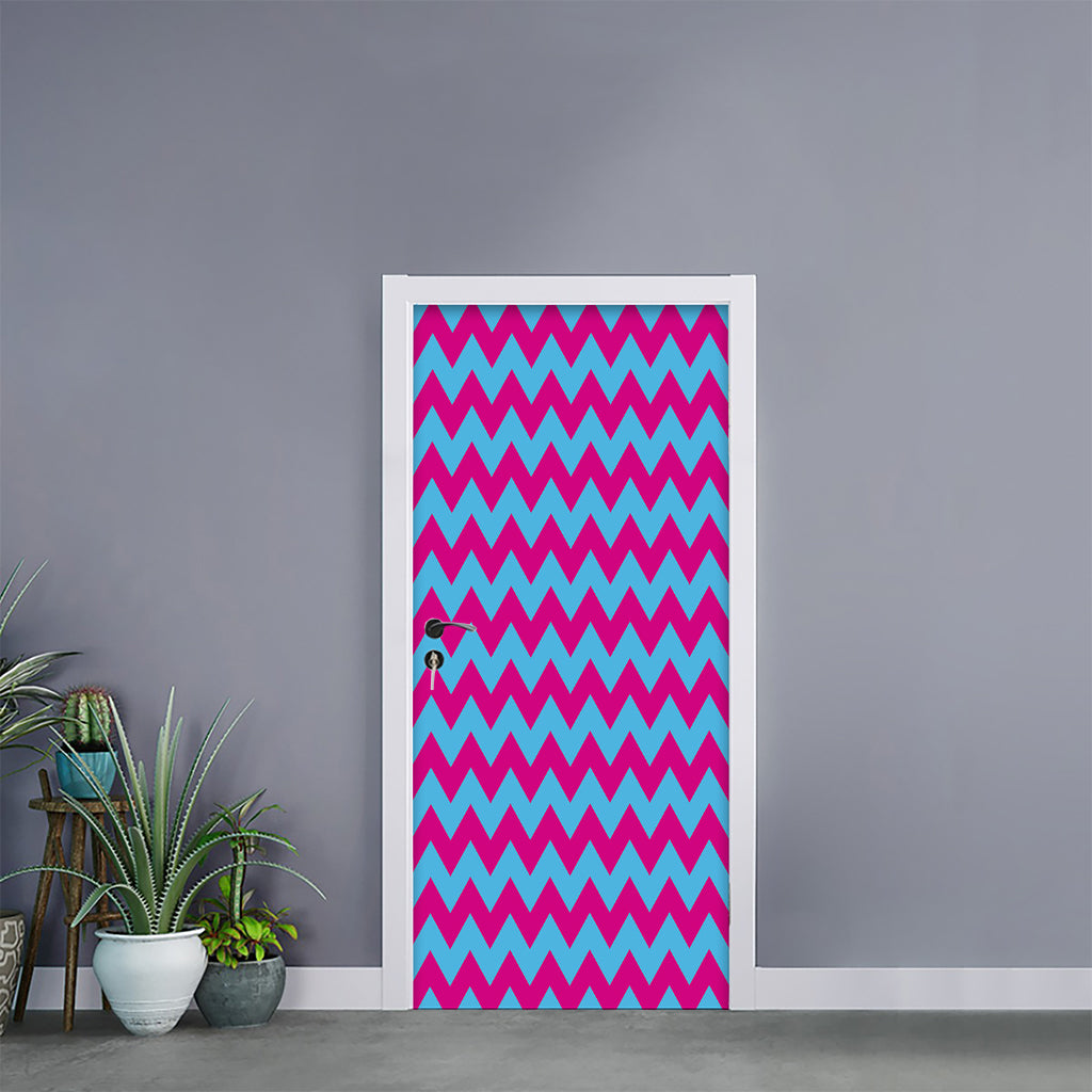 Pink And Blue Chevron Pattern Print Door Sticker