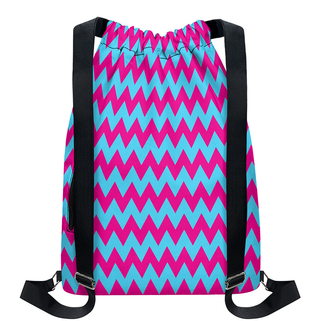Pink And Blue Chevron Pattern Print Drawstring Backpack