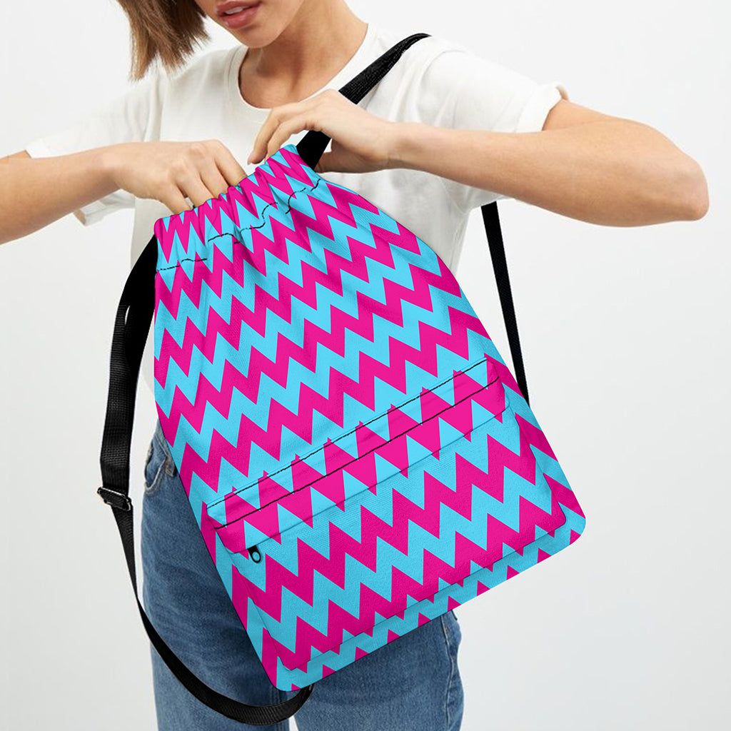 Pink And Blue Chevron Pattern Print Drawstring Backpack