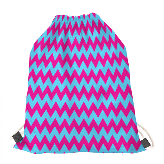 Pink And Blue Chevron Pattern Print Drawstring Bag