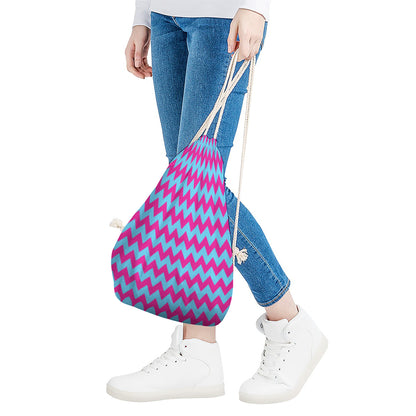 Pink And Blue Chevron Pattern Print Drawstring Bag