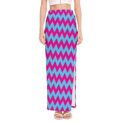 Pink And Blue Chevron Pattern Print High Slit Maxi Skirt