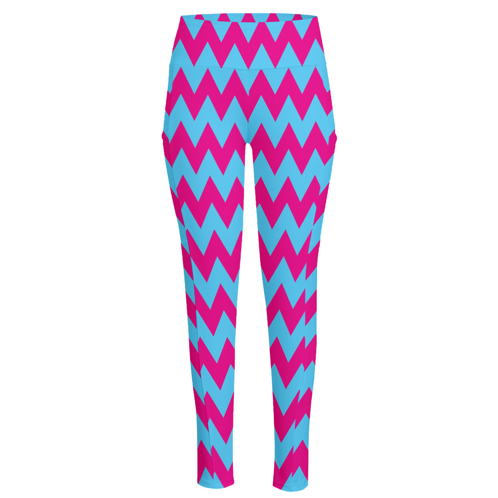 Pink And Blue Chevron Pattern Print High-Waisted Pocket Leggings