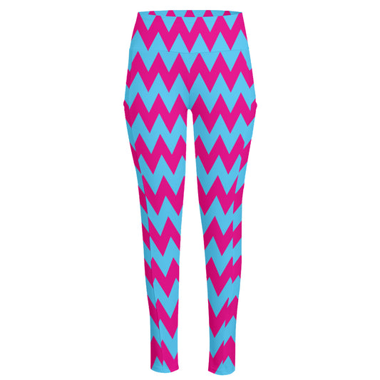 Pink And Blue Chevron Pattern Print High-Waisted Pocket Leggings