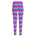 Pink And Blue Chevron Pattern Print High-Waisted Pocket Leggings
