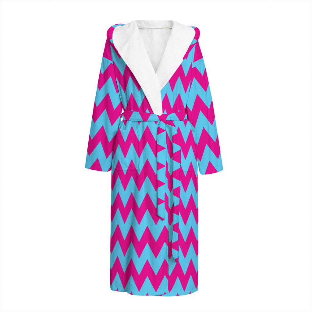 Pink And Blue Chevron Pattern Print Hooded Bathrobe