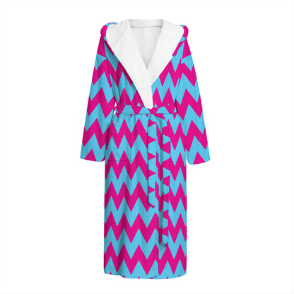 Pink And Blue Chevron Pattern Print Hooded Bathrobe