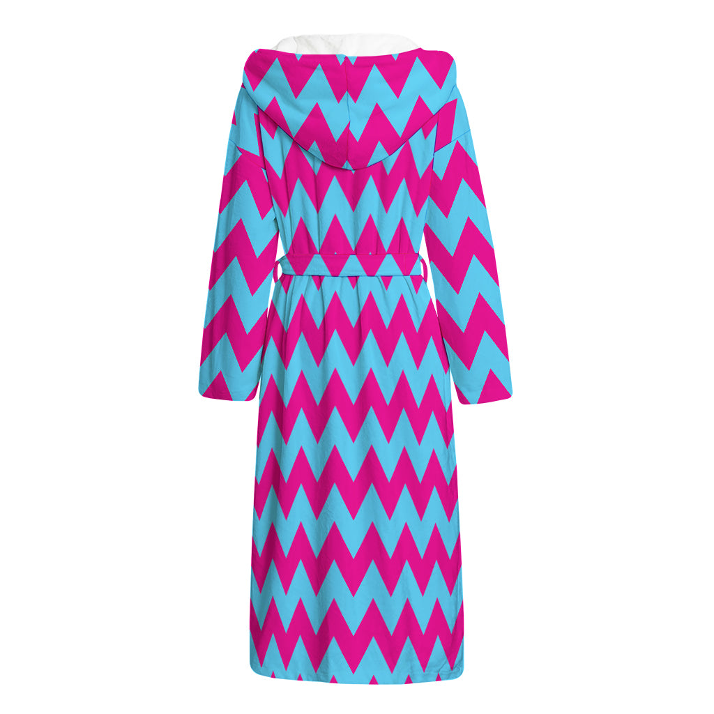 Pink And Blue Chevron Pattern Print Hooded Bathrobe