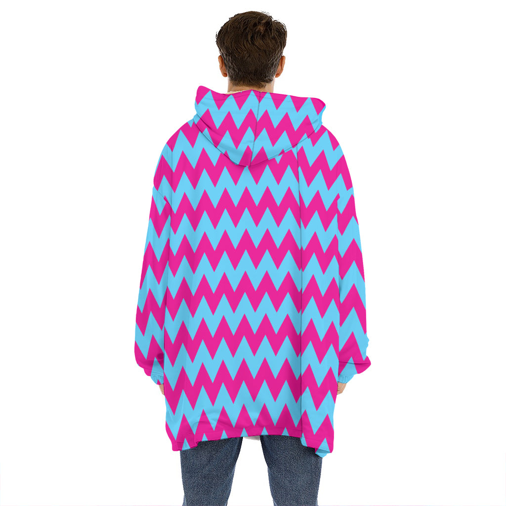 Pink And Blue Chevron Pattern Print Hoodie Blanket