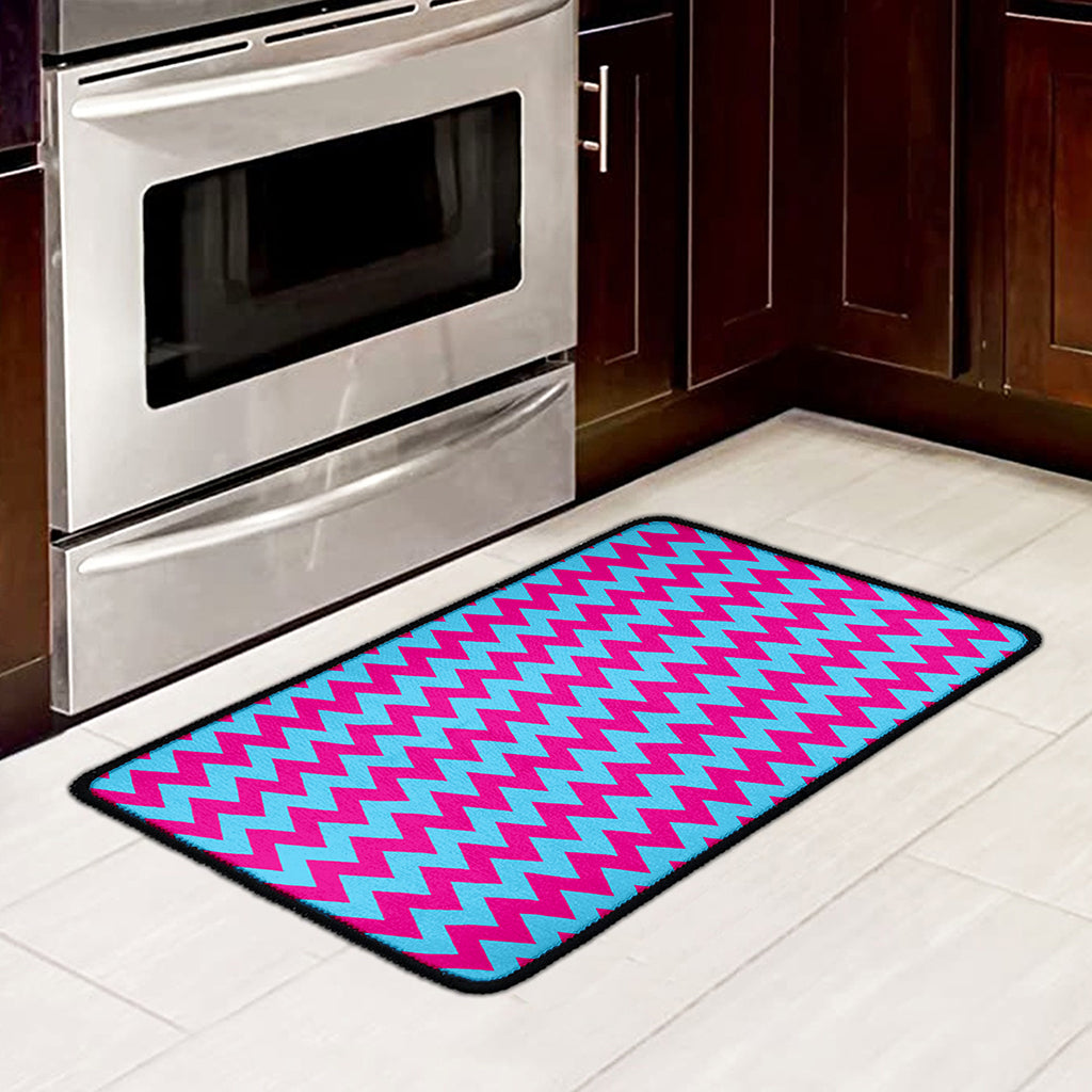 Pink And Blue Chevron Pattern Print Kitchen Mat