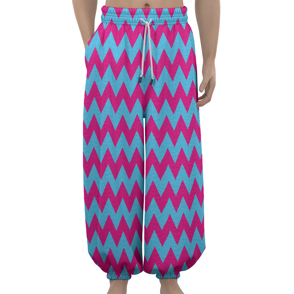 Pink And Blue Chevron Pattern Print Lantern Pants