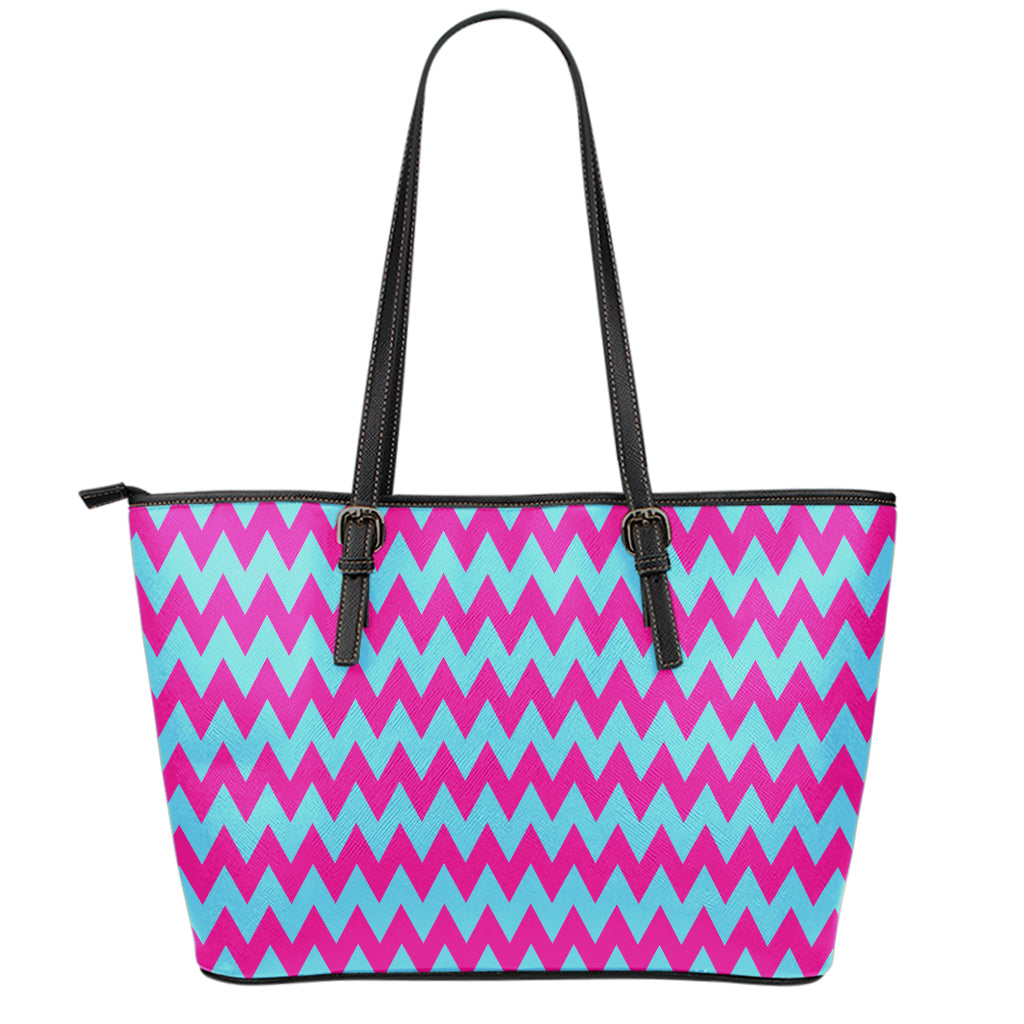 Pink And Blue Chevron Pattern Print Leather Tote Bag