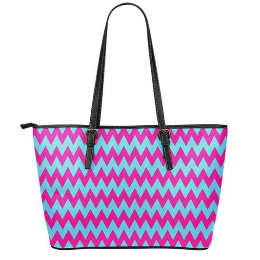 Pink And Blue Chevron Pattern Print Leather Tote Bag