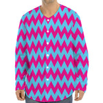 Pink And Blue Chevron Pattern Print Long Sleeve Baseball Jersey