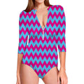 Pink And Blue Chevron Pattern Print Long Sleeve Swimsuit