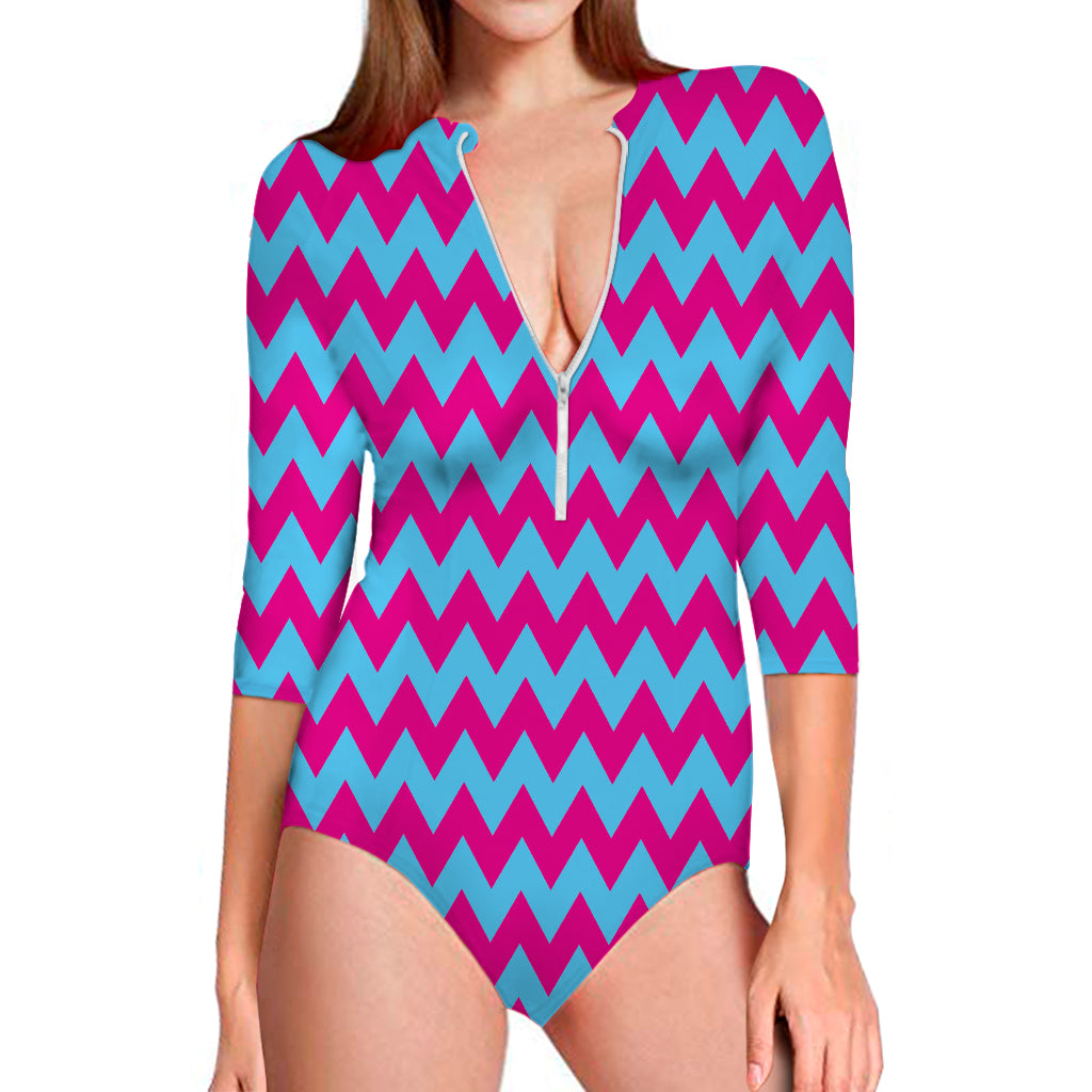 Pink And Blue Chevron Pattern Print Long Sleeve Swimsuit