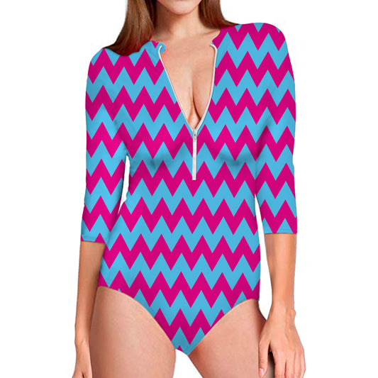 Pink And Blue Chevron Pattern Print Long Sleeve Swimsuit