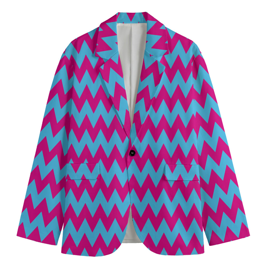 Pink And Blue Chevron Pattern Print Men's Cotton Blazer